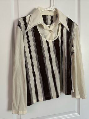 Vintage Beige and Brown Chevron Faux-Layer Long Sleeve Blouse